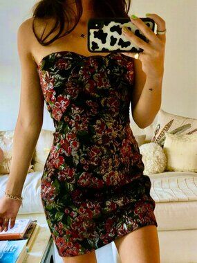 Zara Strapless Jacquard Floral Bow Mini Dress Black Red Size Large